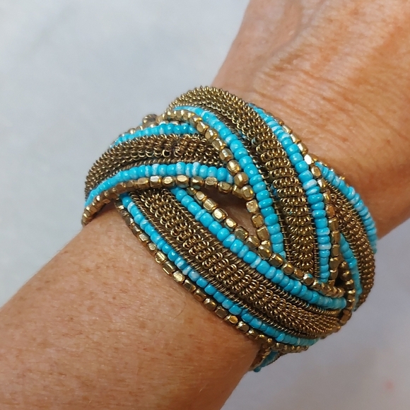 Jewelry - Turquoise And Gold Braided Seed Bead Cuff Bracelet